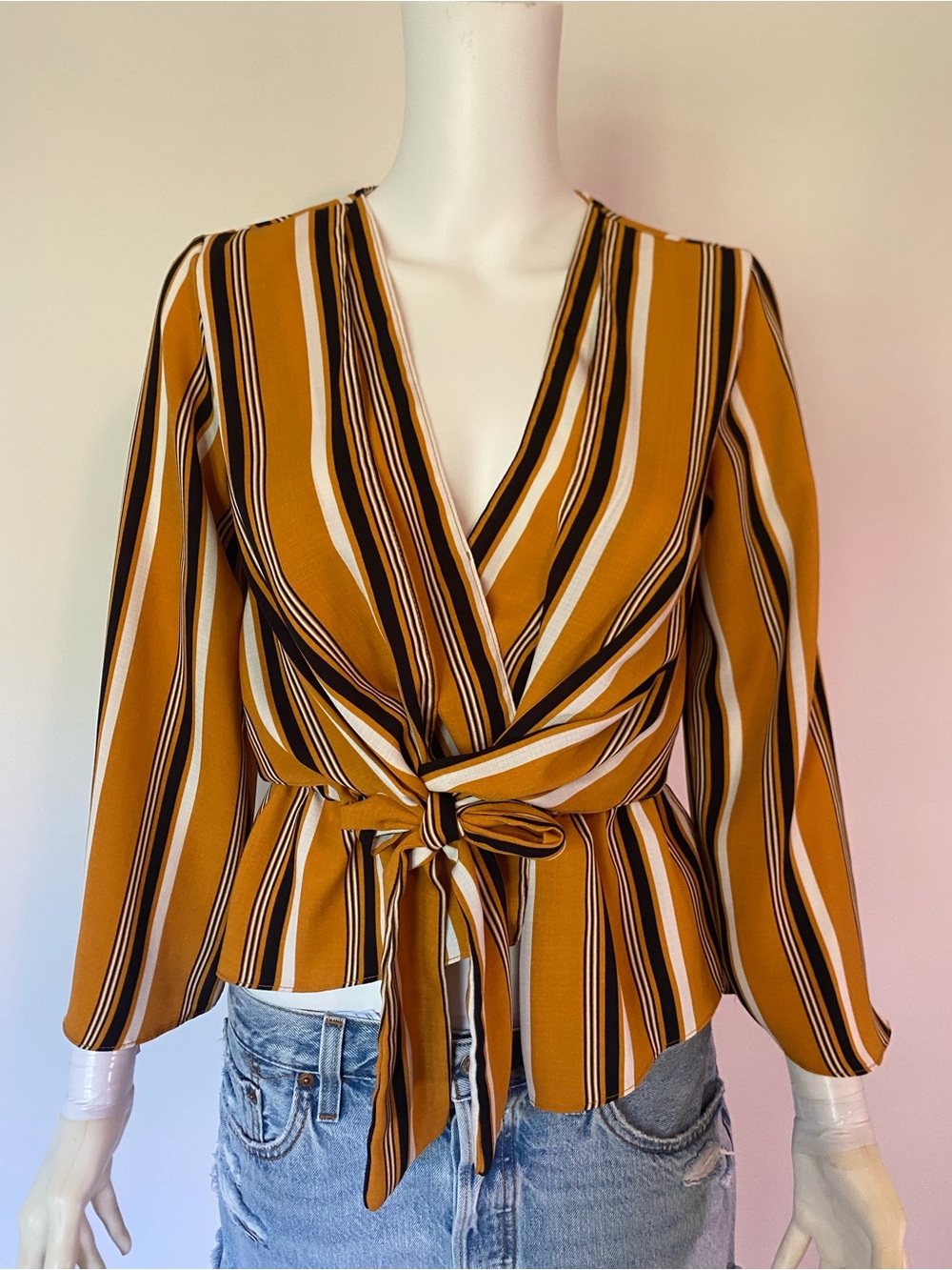 Topshop Mustard, Black & White Striped Wrap Tie Blouse